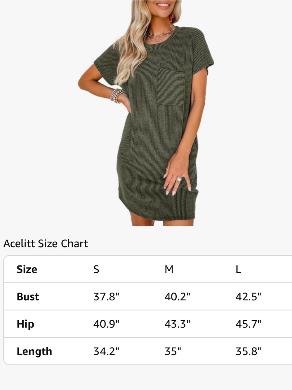 Ribbed T-Shirt Dress with Pocket - Olive Green - Picture 2 of 2